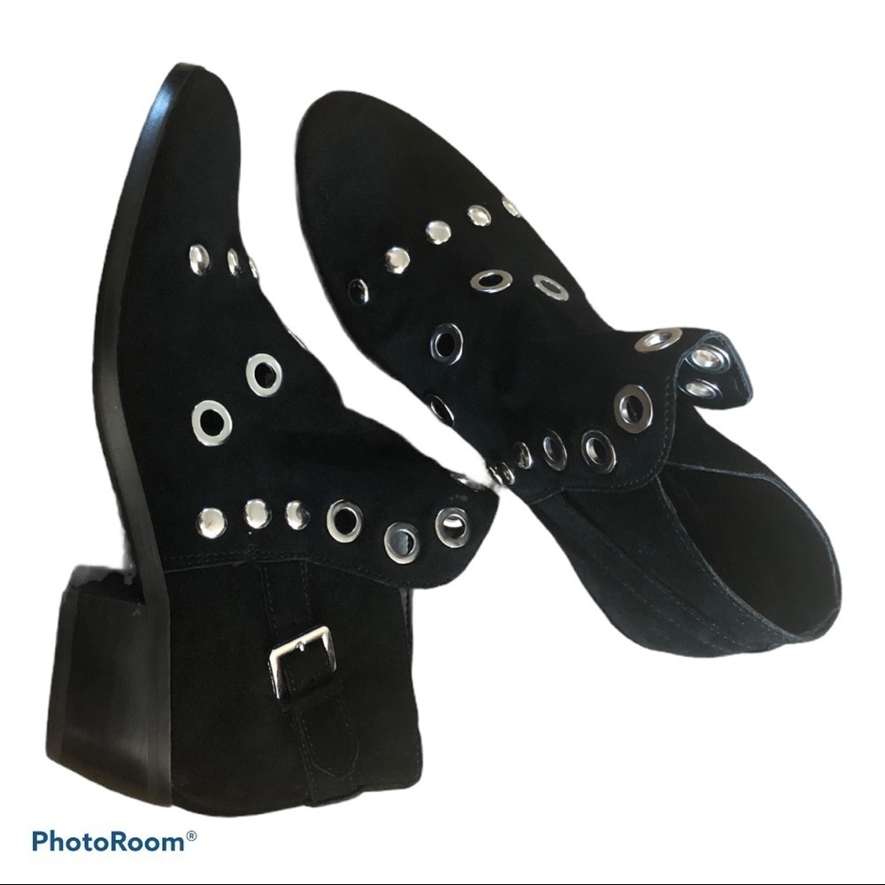 Sam Edelman Edgy Pedra Gromet Black Moto Bootie Suede Silver Detail Sz. 6 Biker - Picture 7 of 8